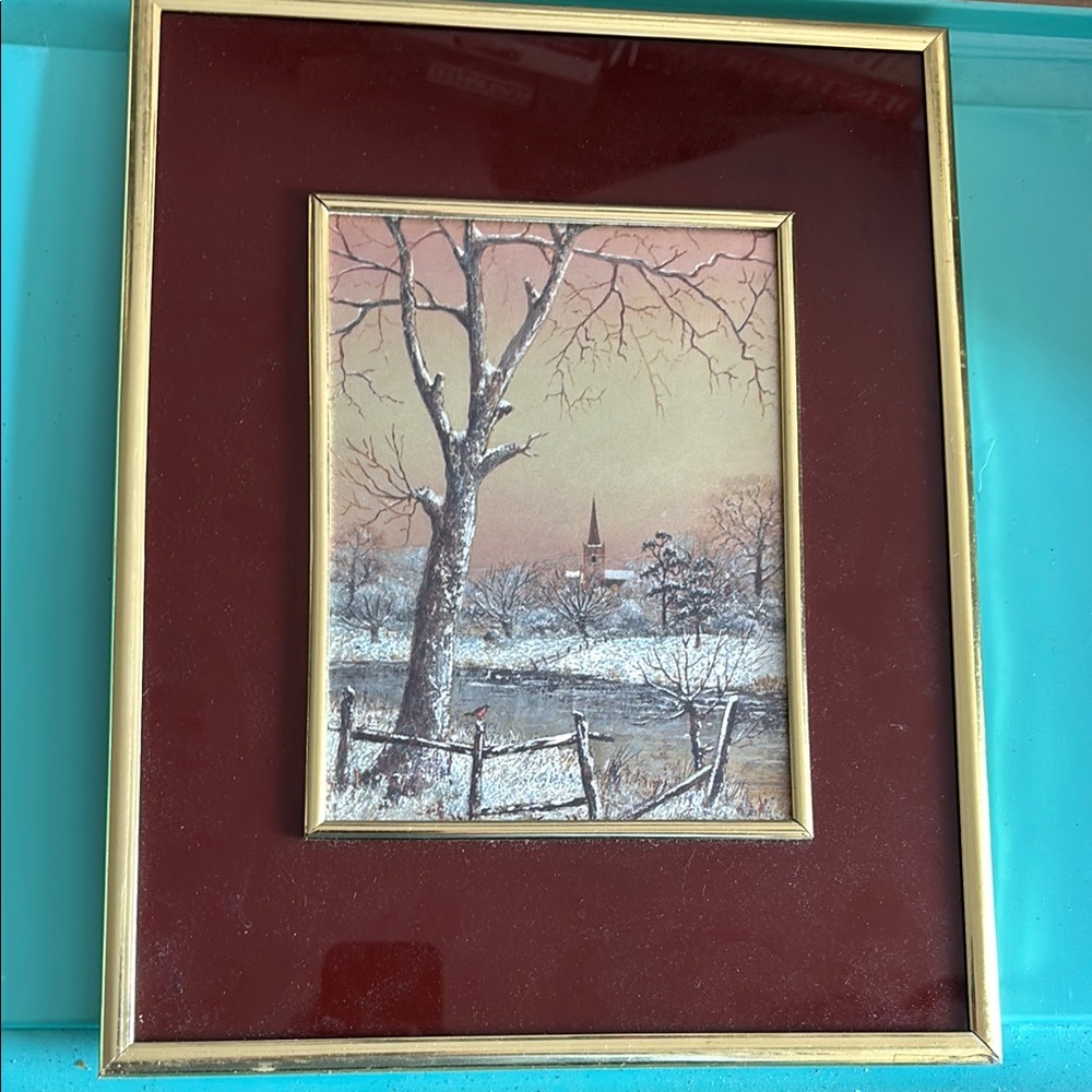 Framed Winter Landscape Art with Gold Trim